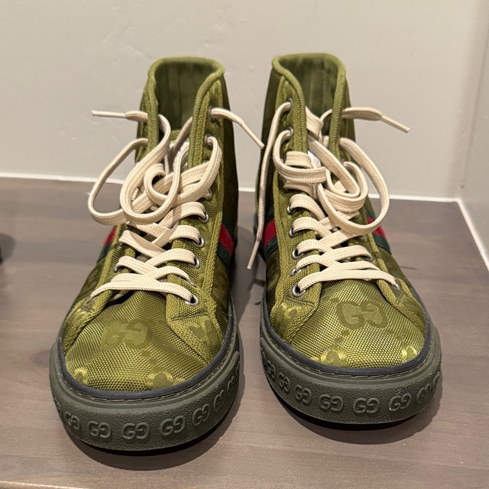 Gucci Olive Green High-Tops with Red Stripe
